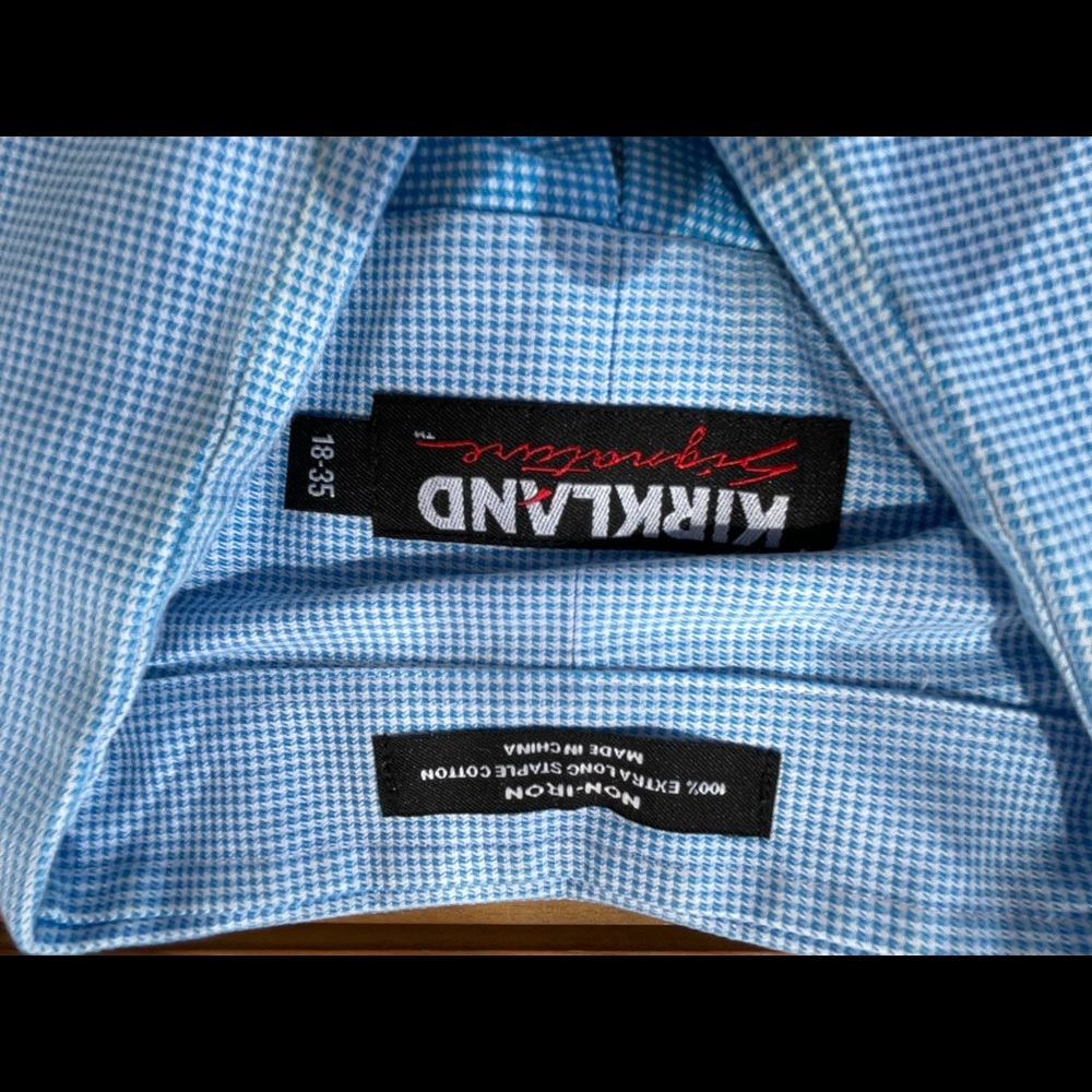 6 Kirkland long sleeved dress shirts, 18/35